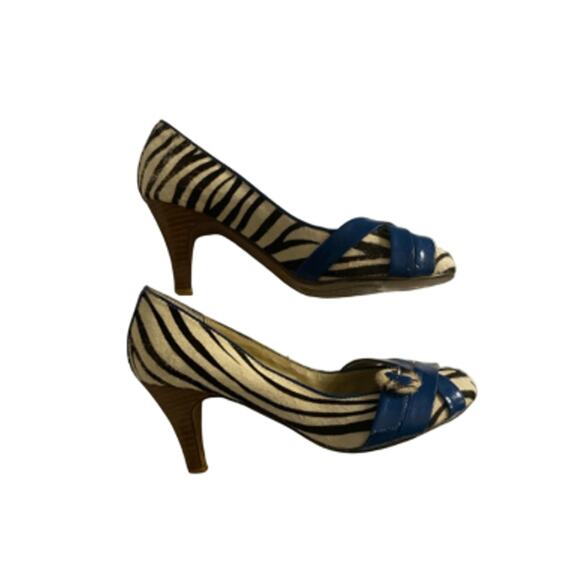 Retro Pinup Y2K Zebra Print Heels Naughty Monkey Blue Buckle Detail Size 8 - Picture 3 of 7